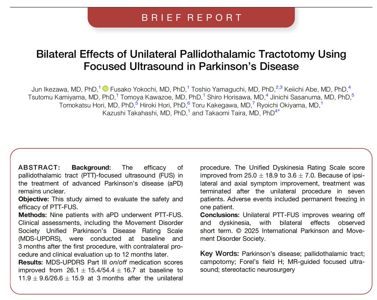 MDJ_Journal's tweet photo. Interesting work by Prof. Taira and colleagues: unilateral FUS pallidothalamic tractotomy (PTT) in Parkinson’s disease showed short-term improvement in bilateral wearing-off and dyskinesia. It is presumably due to bilateral projections of the PTT. https://t.co/fGPrTHDBfi https://t.co/Wzw7xM23Vg