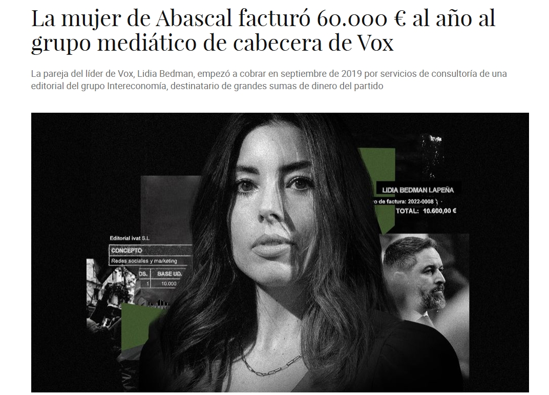 Lidia Bedman es la mujer del ultraderechista Santiago Abascal de VOX. Falseó todo su currículum. Ha facturado 60.000 € al año del grupo mediático vinculado a la extrema derecha de VOX. Viven en una mansión de 1M€. Los "patriotas" que hablan de "paguitas" a inmigrantes.