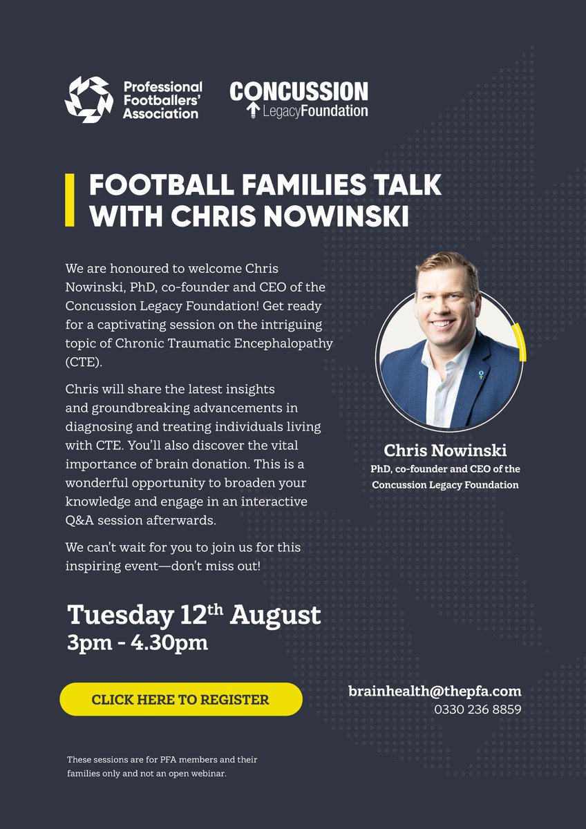 We are honoured to welcome Chris Nowinski, PhD, co-founder and CEO of the Concussion Legacy Foundation on:

📅 Tuesday 12th August
🕒 3 pm - 4.30 pm (BST)

Come together for an insightful online session on Chronic Traumatic Encephalopathy (CTE) as we sensitively explore this