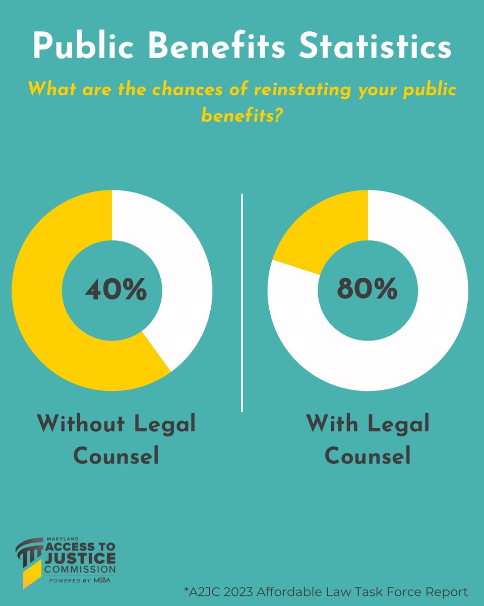 Reinstating public benefits? Your chances are dramatically higher with legal counsel (80% vs. 40%). This vital statistic from our 2023 Affordable Law Task Force Report highlights the importance of legal support. ⚖️