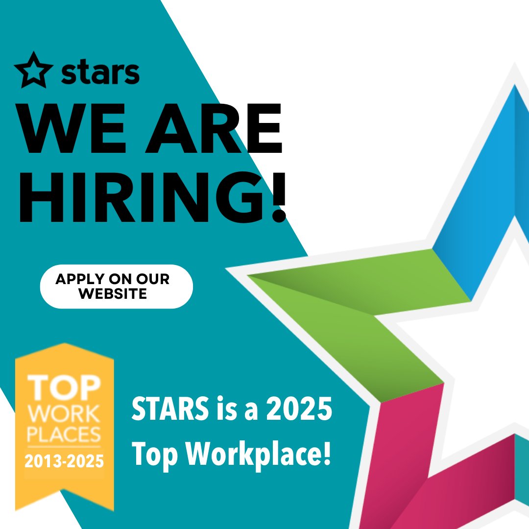 STARS IS HIRING! Find purposeful work at an award-winning non-profit dedicated to providing hope, health, and connection to young people in our community. Join the STARS family today by applying on our website!