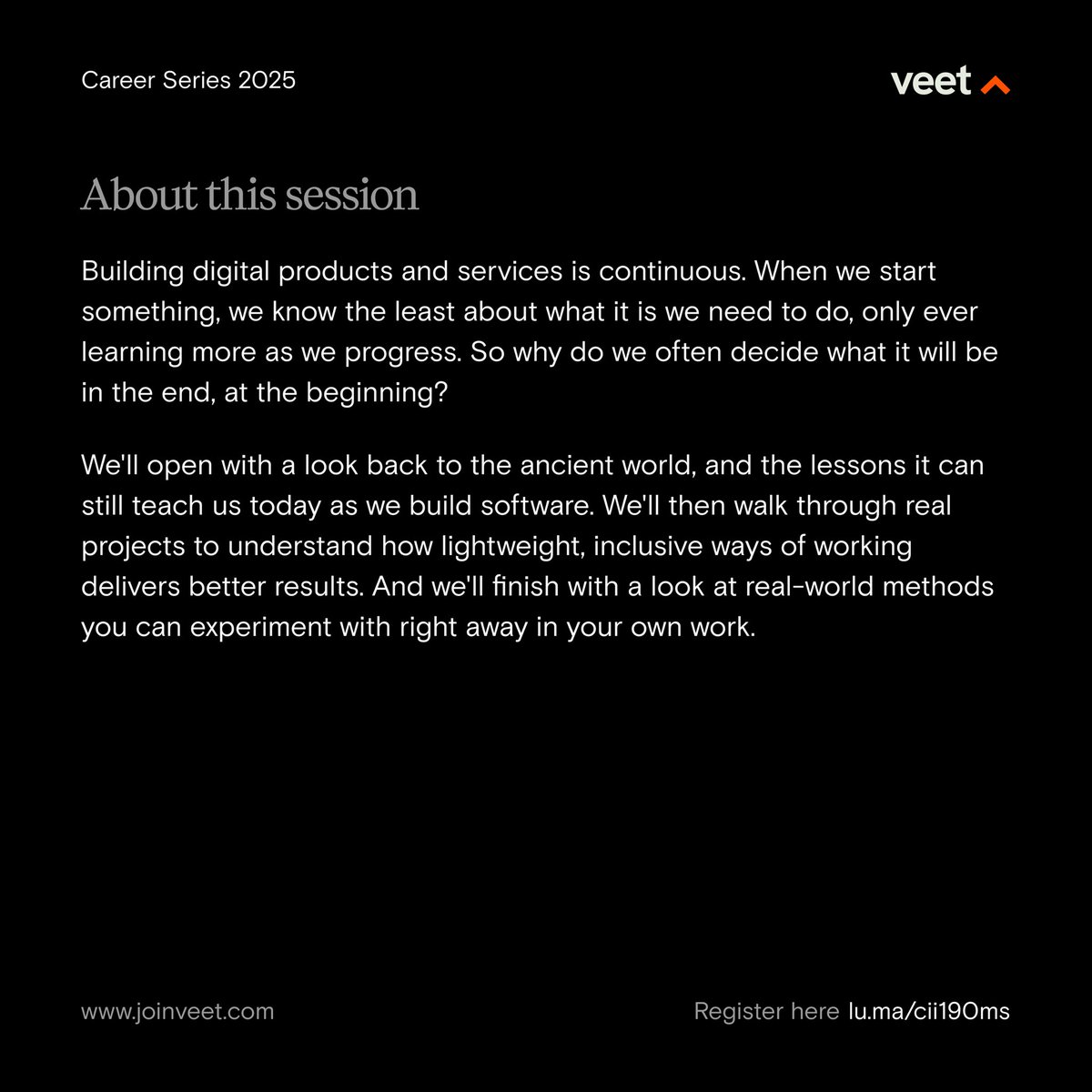 joinveet's tweet image. 👀 Ever wondered how design teams actually build fast, smart, and in sync?
Join us this Monday for a convo with James Cook, Design Lead with 18+ years in the game.
🗓️ July 28 | ⏰ 8PM WAT
📍 Google Meet
🔗 lu.ma/cii190ms
🔗 meet.google.com/cag-ztdg-suf
#VeetCareerSeries