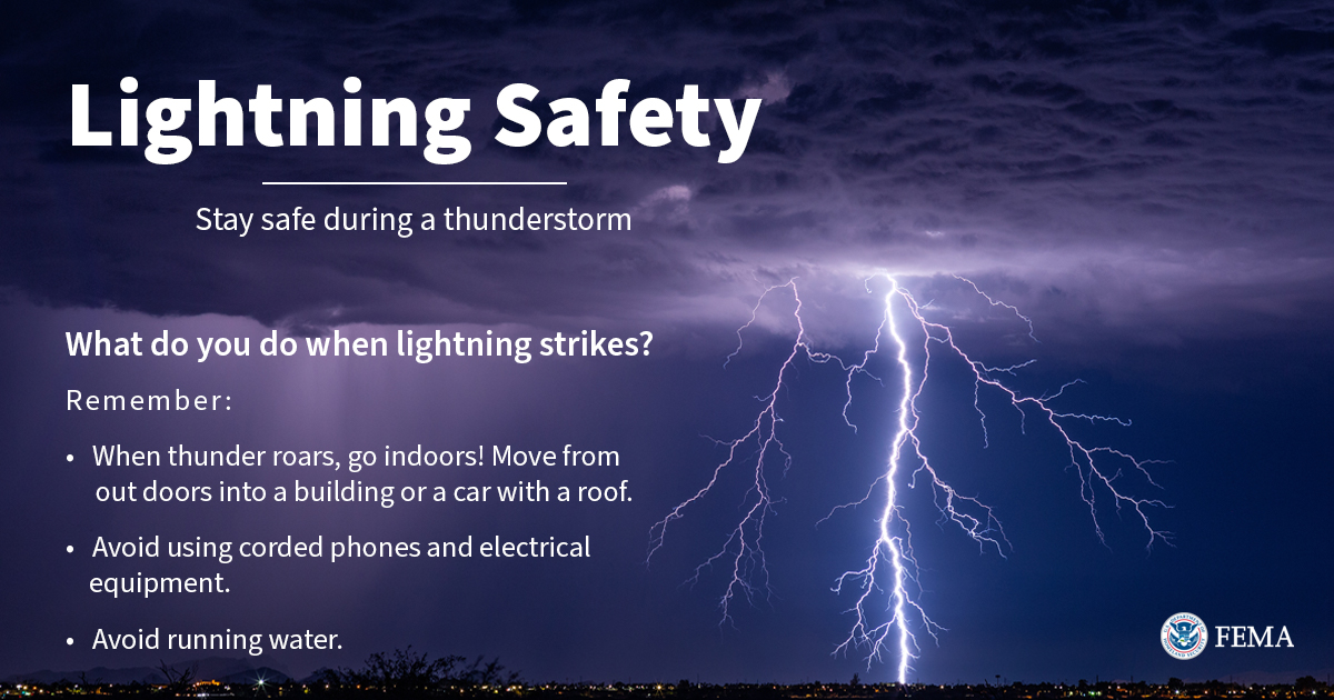 Readygov's tweet image. Severe thunderstorms are expected in different areas, from the Northern Plains and Mid-Atlantic to the Northeast.
When thunder roars, go indoors! No place outside is safe. If you hear thunder, you are likely within striking distance of the storm.
More tips ⬇️