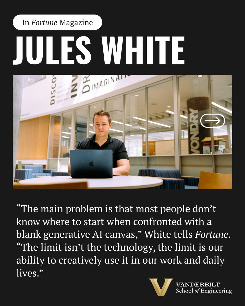 VUEngineering's tweet image. Jules White, computer science professor at @VanderbiltU was mentioned in Fortune magazine. “The main problem is that most people don’t know where to start when confronted with a blank generative AI canvas.&quot; Read more: ow.ly/YOGf50WuYB3