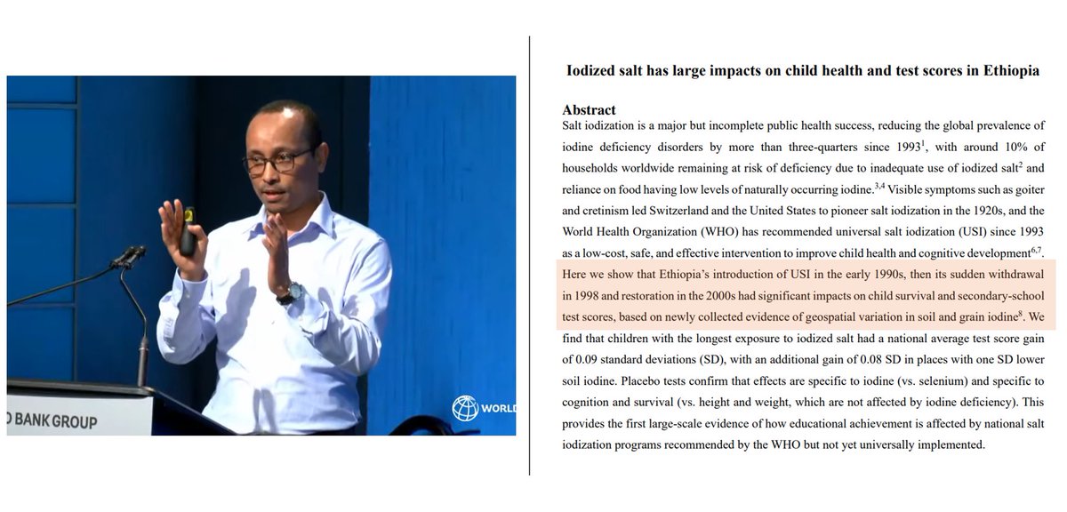 "Children with longer exposure to iodized salt in utero and infancy during the 1990s went on to have lower mortality and higher scores." researchsquare.com/article/rs-569… <a href="/KibromTafere/">Kibrom Tafere</a> on new work from Ethiopia. #ABCDE2025