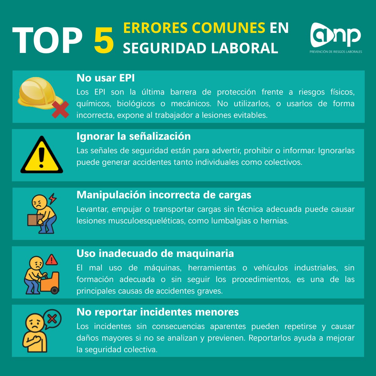 ⚠️ 5 errores comunes que ponen en riesgo tu seguridad laboral:
1️⃣ No usar EPI
2️⃣ Ignorar señalización
3️⃣ Mala manipulación de cargas
4️⃣ Uso inadecuado de maquinaria
5️⃣ No reportar incidentes

🚫 ¡Evítalos y cuida tu salud en el trabajo!