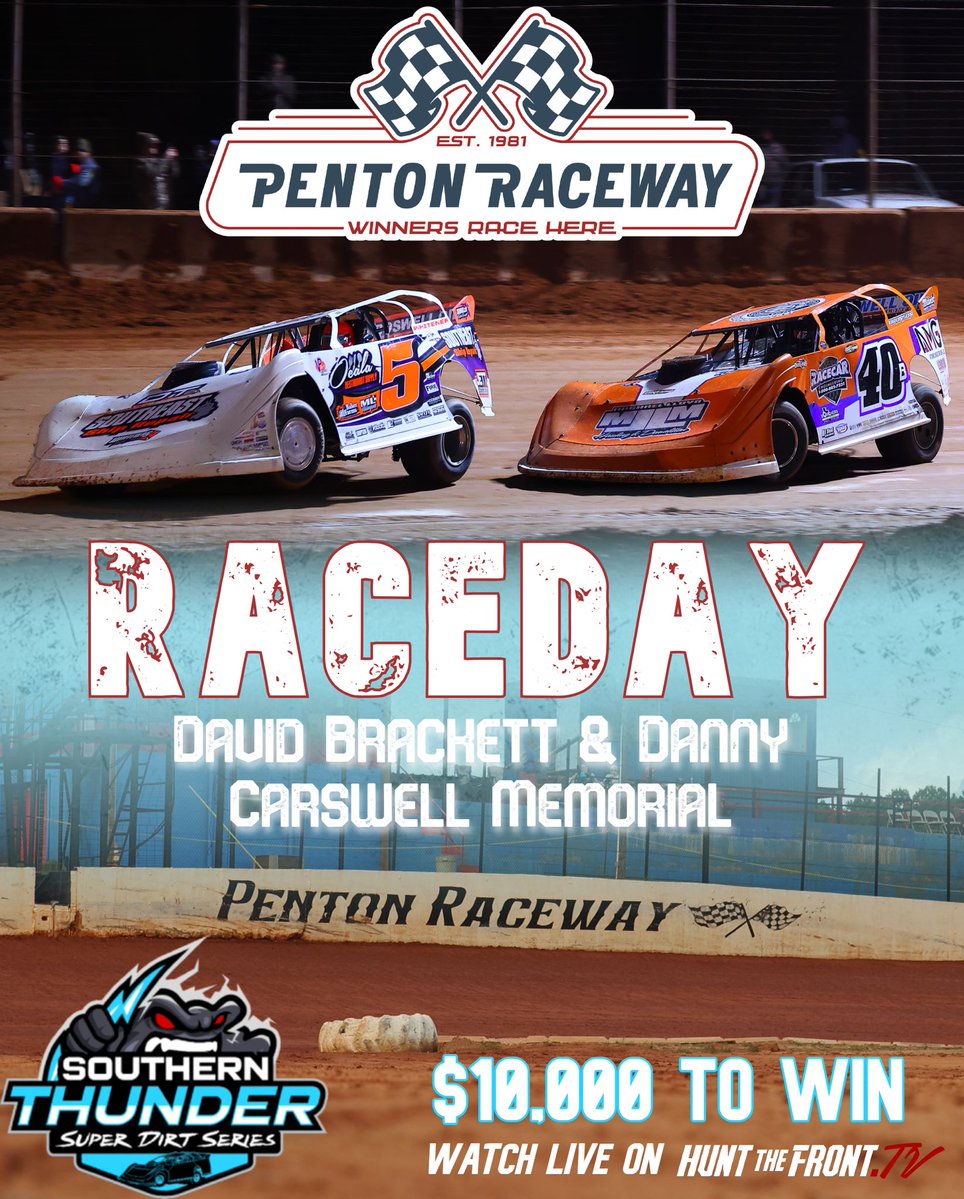 Southern Thunder Super Dirt Series (@sothundersds) on Twitter photo Itβs π₯ππππππ¬ from Penton Raceway! π₯
The <a href="/SoThunderSDS/">Southern Thunder Super Dirt Series</a> opens up the doubleheader at Penton Raceway tonight for the $10,000-to-win David Brackett & Danny Carswell Memorial.
β° Hot Laps: 7:30PM(CT)
ποΈ Grandstands: $20 | Pits: $40
πΊ huntthefront.tv Itβs π₯ππππππ¬ from Penton Raceway! π₯
The <a href="/SoThunderSDS/">Southern Thunder Super Dirt Series</a> opens up the doubleheader at Penton Raceway tonight for the $10,000-to-win David Brackett & Danny Carswell Memorial.
β° Hot Laps: 7:30PM(CT)
ποΈ Grandstands: $20 | Pits: $40
πΊ huntthefront.tv