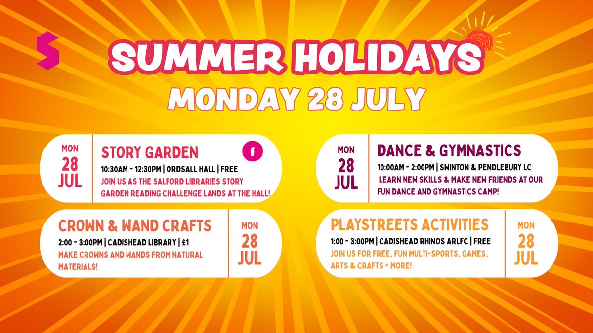 Salford Community Leisure (SCL) (@salfordleisure) on Twitter photo Our #SummerHoliday fun is in full swing! Here’s what’s happening today ☀️
🦋 Story Garden at Ordsall Hall
👑 Crown & Wand Crafts at Cadishead Library
🩰 Dance & Gymnastics at Swinton & Pendlebury L/Centre
⚽️ Playstreets activities with <a href="/ActveCommunties/">ActiveCommunities</a>
buff.ly/e3c9jGG Our #SummerHoliday fun is in full swing! Here’s what’s happening today ☀️
🦋 Story Garden at Ordsall Hall
👑 Crown & Wand Crafts at Cadishead Library
🩰 Dance & Gymnastics at Swinton & Pendlebury L/Centre
⚽️ Playstreets activities with <a href="/ActveCommunties/">ActiveCommunities</a>
buff.ly/e3c9jGG