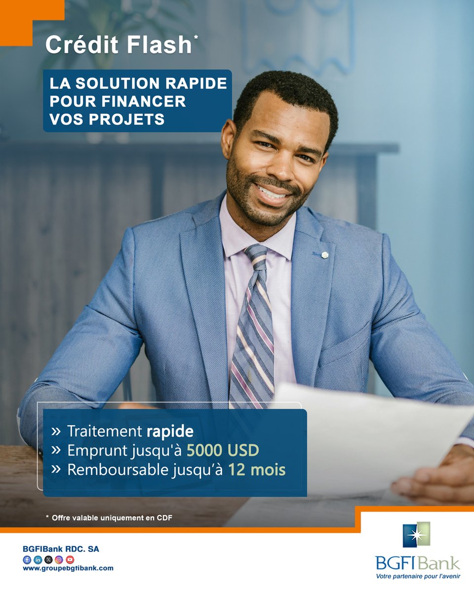 Connaissez-vous le Crédit Flash de BGFIBank ? 
Ce crédit vous offre jusqu’à 5 000 USD ou 3 mois de salaire, disponible toute l’année, avec un traitement rapide de votre demande.
Rapide, souple, efficace.

#BGFIBank #RDC #Credit #Flash #CreditFlash