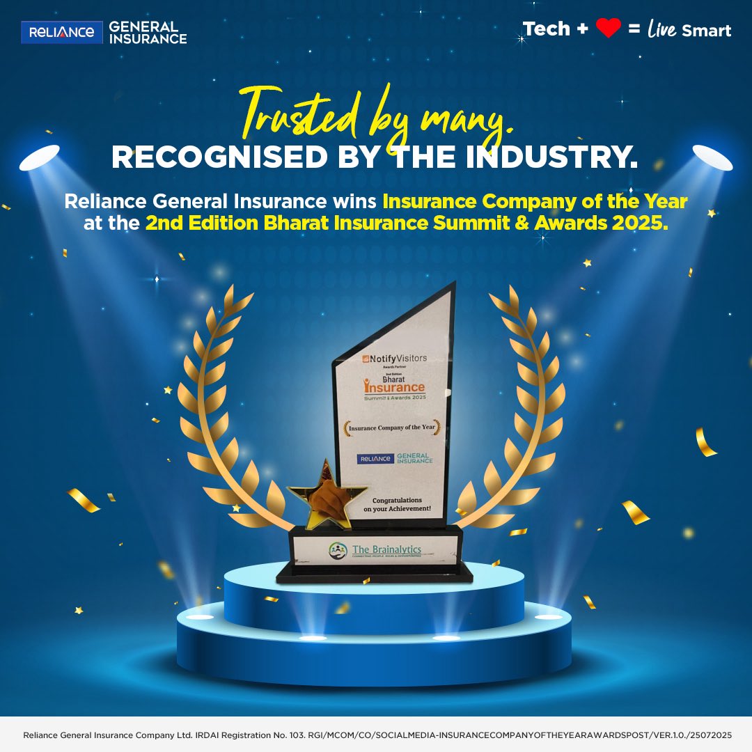 RelianceGenIn's tweet image. When the industry speaks, leadership stands tall.
Reliance General Insurance is proud to be named Insurance Company of the Year at the Bharat Insurance Summit & Awards 2025, a recognition of trust, consistency, and innovation in protection.