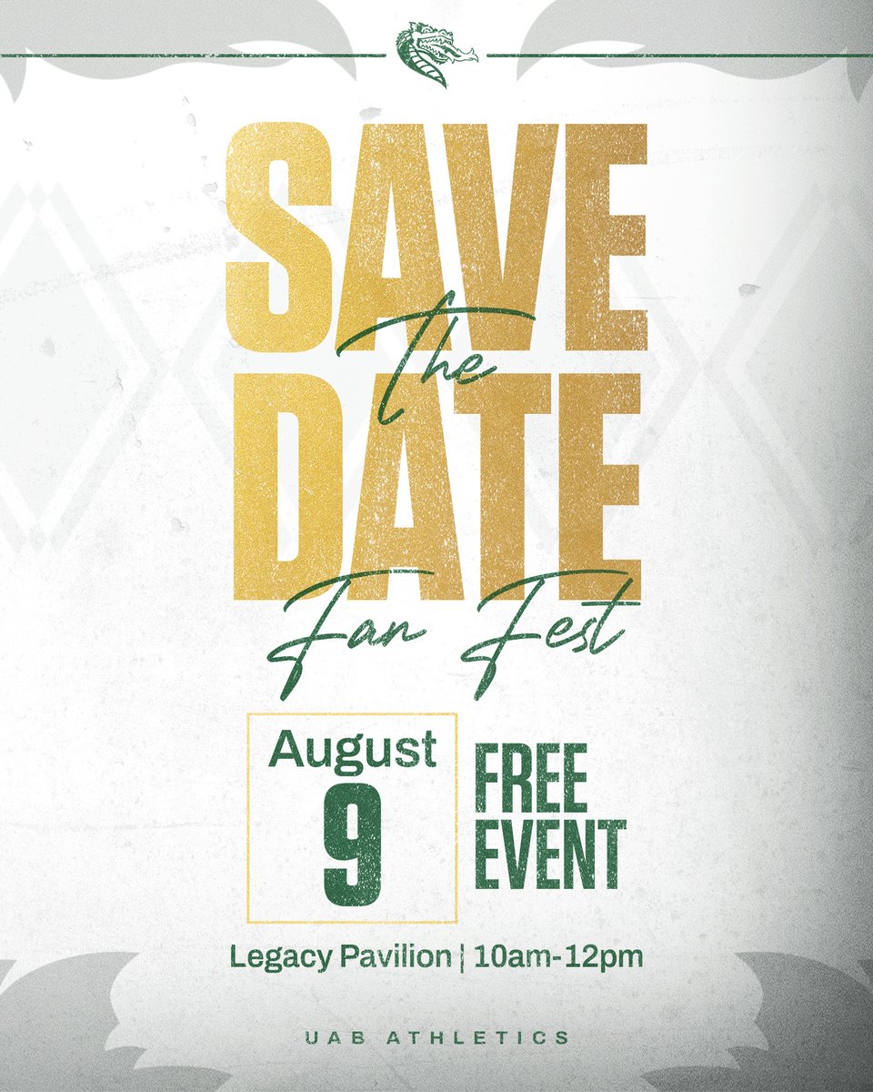UAB Athletics (@uab_athletics) on Twitter photo 🏈 𝐔𝐀𝐁 𝐅𝐎𝐎𝐓𝐁𝐀𝐋𝐋 𝐅𝐀𝐍 𝐅𝐄𝐒𝐓 🏈
📅 Saturday, Aug. 9
⏰ 10 a.m. - 12 p.m.
📍 Legacy Pavilion
🔗: bit.ly/4lHy9SN
#WinAsOne 🐉 🏈 𝐔𝐀𝐁 𝐅𝐎𝐎𝐓𝐁𝐀𝐋𝐋 𝐅𝐀𝐍 𝐅𝐄𝐒𝐓 🏈
📅 Saturday, Aug. 9
⏰ 10 a.m. - 12 p.m.
📍 Legacy Pavilion
🔗: bit.ly/4lHy9SN
#WinAsOne 🐉
