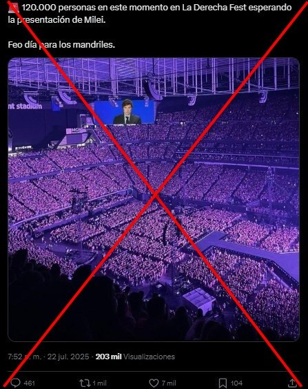 AfpFactual's tweet image. 🇦🇷❌ No, esta foto no muestra a "120.000 personas" esperando al presidente argentino, Javier Milei, en La Derecha Fest en Córdoba.
🔎 La imagen está editada. La original corresponde a un concierto de Taylor Swift en Estados Unidos en 2023.
➡️ u.afp.com/ShowSwift #ReversoAr