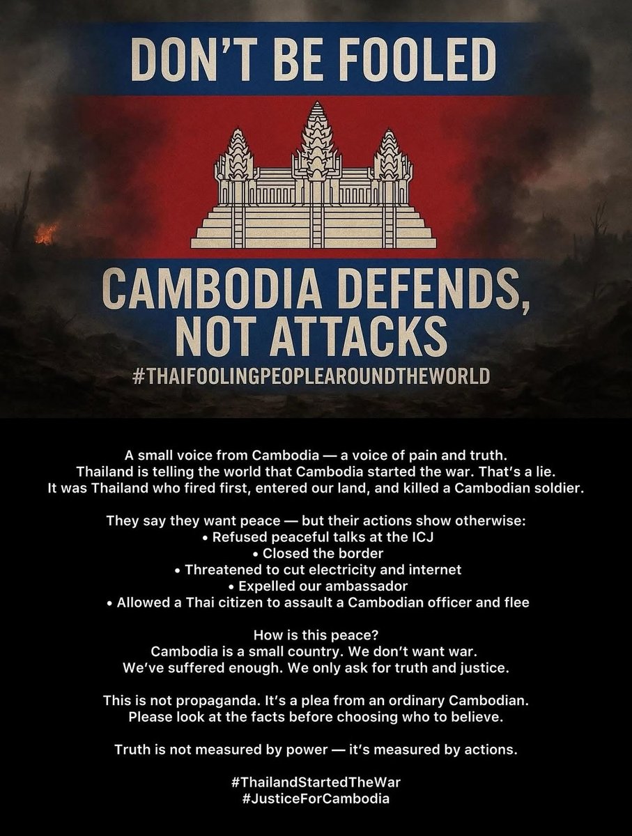 kdramasfilm's tweet photo. To all my mutuals here, help us spread awareness about what’s actually  happening in Cambodia right now. 

Cambodia 🇰🇭 is not the aggressor, we are defending our land, our people, and our truth.

We don’t want war — we want justice.

#ThailandStartedTheWar 
#JusticeForCambodia https://t.co/8Nxh0cvd50