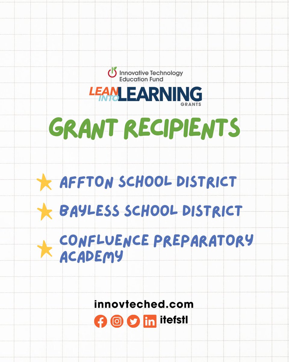 ITEF (@itefstl) on Twitter photo Our 2025 Lean into Learning grant recipients will be participating in exciting, self-selected professional development!
Today, we want to highlight 3 grant recipients:
<a href="/AfftonSchools/">Affton Schools</a>
<a href="/BaylessSchools/">Bayless Schools</a>
<a href="/Confluence_Acad/">Confluence Academies</a>
#StLouis #ProfessionalDevelopment #Grant #TeachersOfTwitter Our 2025 Lean into Learning grant recipients will be participating in exciting, self-selected professional development!
Today, we want to highlight 3 grant recipients:
<a href="/AfftonSchools/">Affton Schools</a>
<a href="/BaylessSchools/">Bayless Schools</a>
<a href="/Confluence_Acad/">Confluence Academies</a>
#StLouis #ProfessionalDevelopment #Grant #TeachersOfTwitter