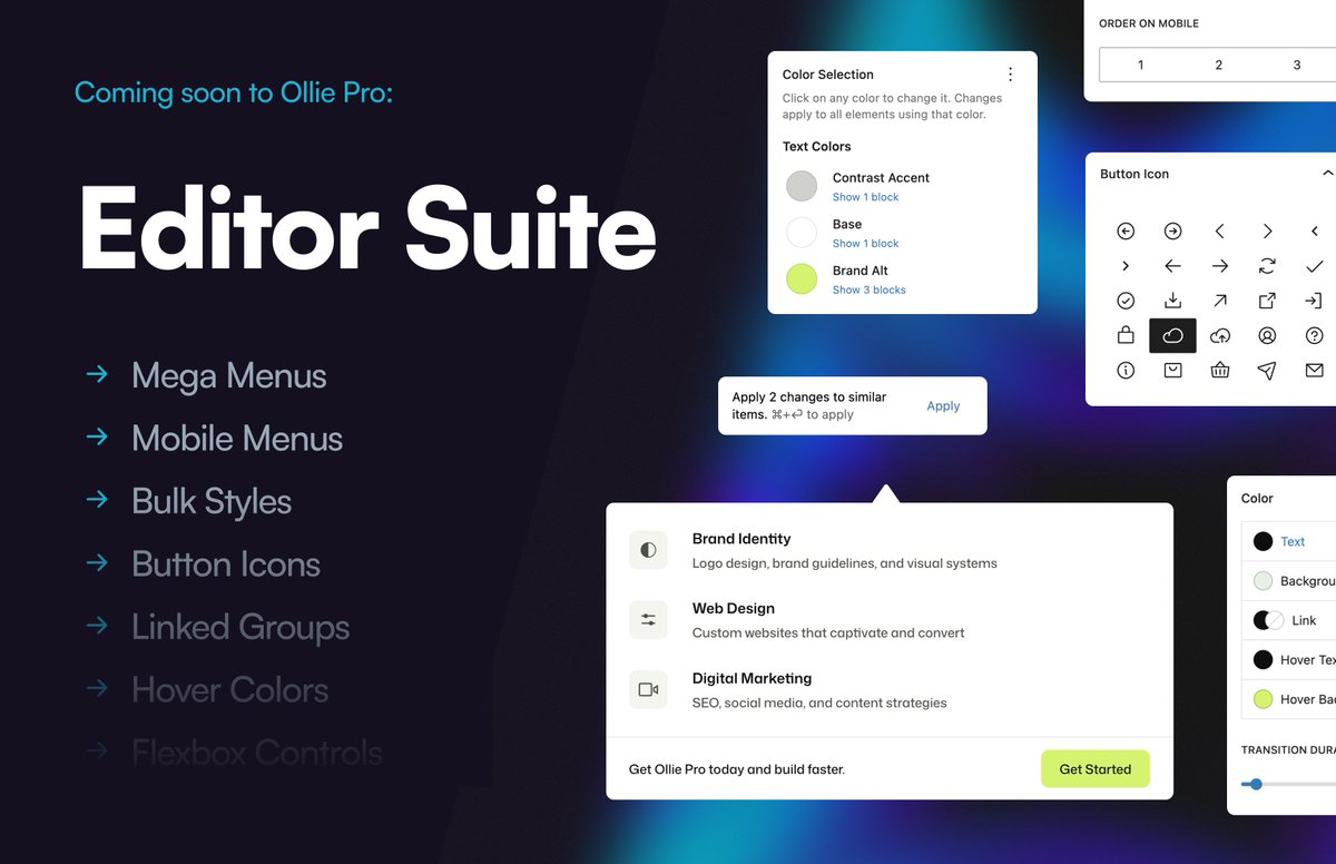 Coming soon! Introducing Editor Suite for <a href="/BuildWithOllie/">Ollie 🛹</a>.

We've crafted a suite of next-level builder tools to extend the <a href="/WordPress/">WordPress</a> block editor. Native, lightweight, simple to use.

We're doubling down on our motto — Design Better and Build Faster with Ollie Pro.
