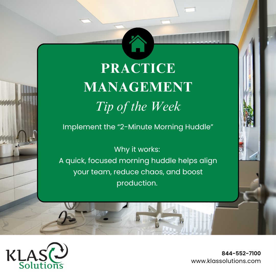 KLASSolutions's tweet image. Start your day strong with a simple 2-minute morning huddle 💬 — a quick check-in that brings clarity, reduces chaos, and sets your team up for a productive day!

#TeamHuddle #PracticeManagement #KLASSolutions #MorningRoutine