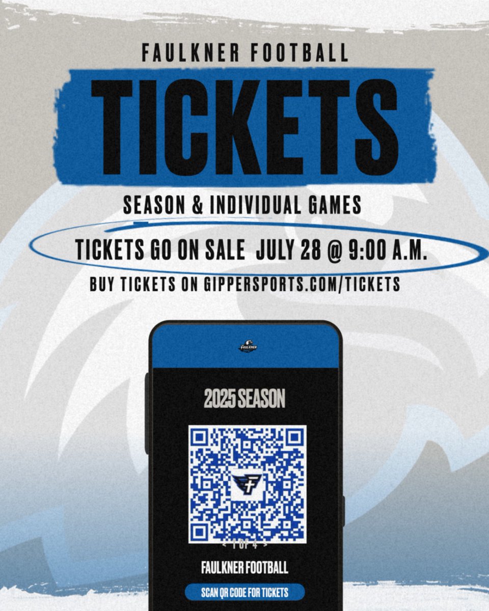 FaulknerATHL's tweet image. The season is nearly here, Faulkner Football fans!

Season &amp;amp; Individual Game tickets go on sale at 9:00 a.m. on Monday, July 28th. Make sure to purchase your tickets at faulknereagles.com/sports/2021/1/… or scan the QR code.