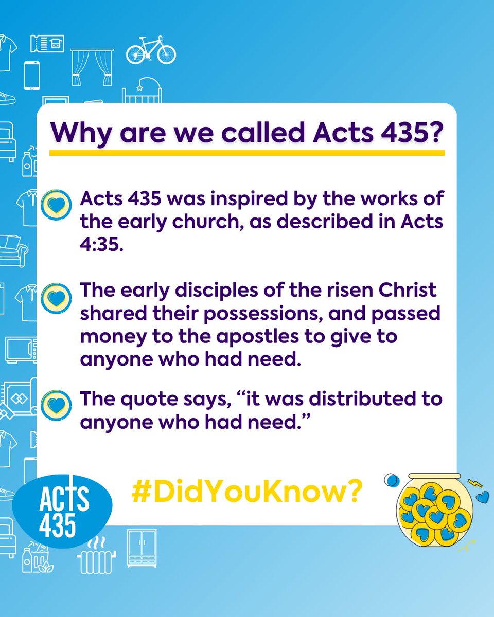 acts435's tweet image. Did you know why are we called Acts 435?
We are inspired by the Book of Acts in the Bible (Acts 4 v 35) where we read how the early church shared everything they had and gave to anyone in need.
Could you give to someone in need today?
buff.ly/sfqz66D