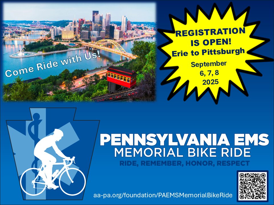 The Pennsylvania EMS Provider Foundation sponsors the Weekend of Recognition and Remembrance as a way to honor the 82 providers known to have died while in service to others through the EMS Memorial Bike Ride. 

Also seeking support personnel!