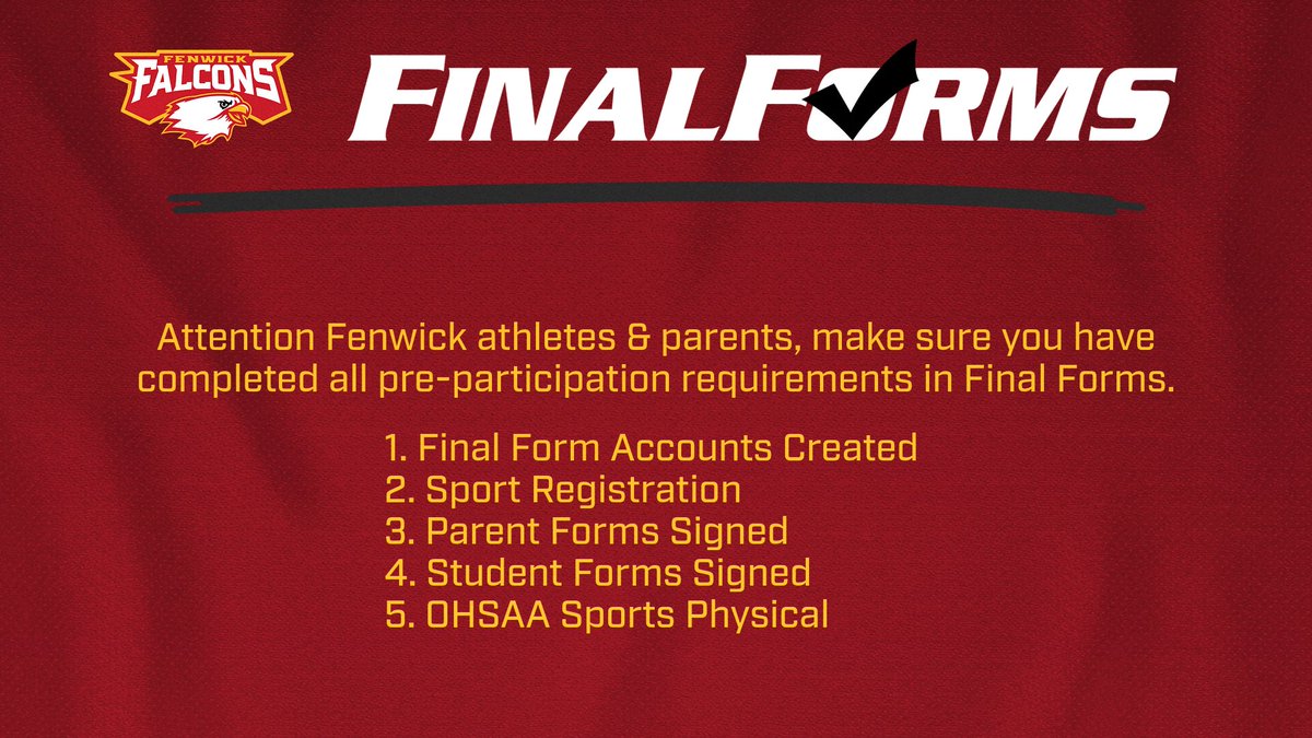 Bishop Fenwick Athletics (@fenwicksports) on Twitter photo ๐ฏAre You Ready?๐ฏ
Letโs Go, Falcons! Fall Sports are HERE!
๐โณ๐โฝ๐พ๐โโ๏ธ
Boys/ Girls Golf starts July 28
All other sports start August 1
No paperwork = No play!
Big year aheadโbe ready from Day 1!๐ช๐ฆ
Questions? Contact the Athletic Office! ๐ฏAre You Ready?๐ฏ
Letโs Go, Falcons! Fall Sports are HERE!
๐โณ๐โฝ๐พ๐โโ๏ธ
Boys/ Girls Golf starts July 28
All other sports start August 1
No paperwork = No play!
Big year aheadโbe ready from Day 1!๐ช๐ฆ
Questions? Contact the Athletic Office!