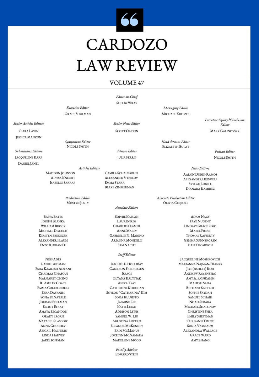 πͺπππ
πππ π³ππ πΉπππππ (@cardozolrev) on Twitter photo With the 2025β2026 academic year around the corner, we are proud to announce the full masthead for Volume 47 of Cardozo Law Review! With the 2025β2026 academic year around the corner, we are proud to announce the full masthead for Volume 47 of Cardozo Law Review!
