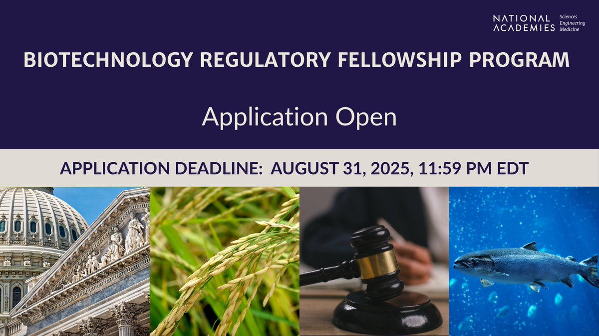 NASEM_BioRegFS's tweet image. Applications for the Biotechnology Regulatory Fellowship are due August 31, 2025, at 11:59 PM ET. Don’t miss your chance to be part of this unique, hands-on experience in biotechnology regulation.
Apply now - ow.ly/NuYG50Wh4Sn
#BiotechnologyFellowship #RegulatoryPolicy