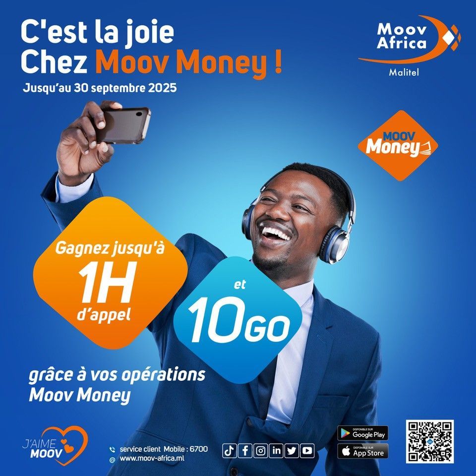 C'est la fête chez Moov Money ! 🎊 

Jusqu'au 30 septembre, toutes vos opérations :  retraits, SANI, paiements de factures, jeux en ligne, transferts internationaux et paiements en ligne — vous rapportent gros : jusqu’à 1H d’appel et 10GO de data 📞🎁. 

#MoovAfricaMalitel