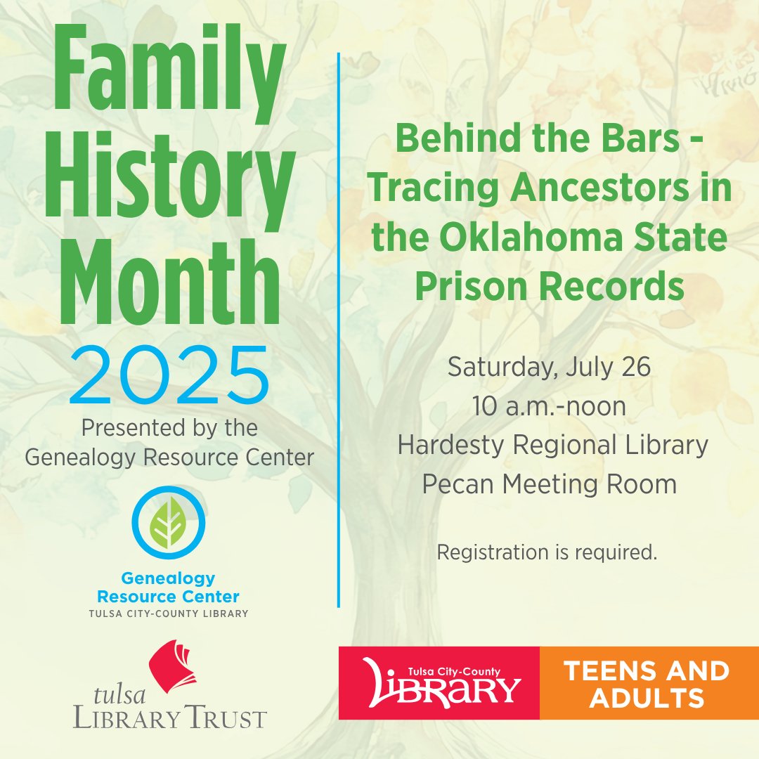 tulsalibrary's tweet image. Join Aaron Pope, Genealogy Center coordinator, for a fascinating dive into the Oklahoma Historical Society’s database of Oklahoma Penitentiary Photograph and Fingerprint Card records. Register online at tulsalibrary.org/events.