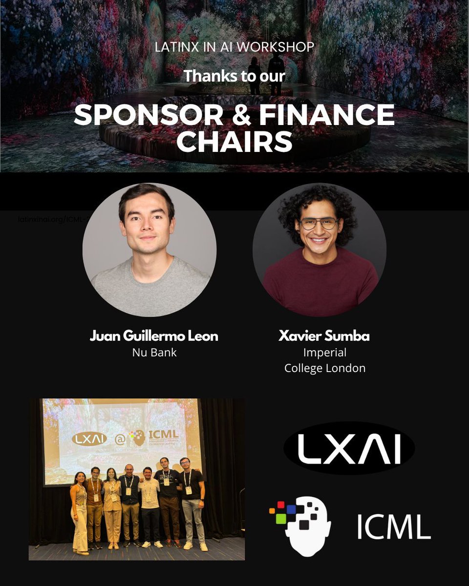 _LXAI's tweet image. Many thanks to the ICML 2025 Sponsors & Finance Chair, Juan Guillermo León Cagüeñas and Xavier Sumba for your incredible support in making the Latinx in AI (LXAI) workshop happen! 💼✨
#ICML2025 #LatinxinAI #DiversityInAI