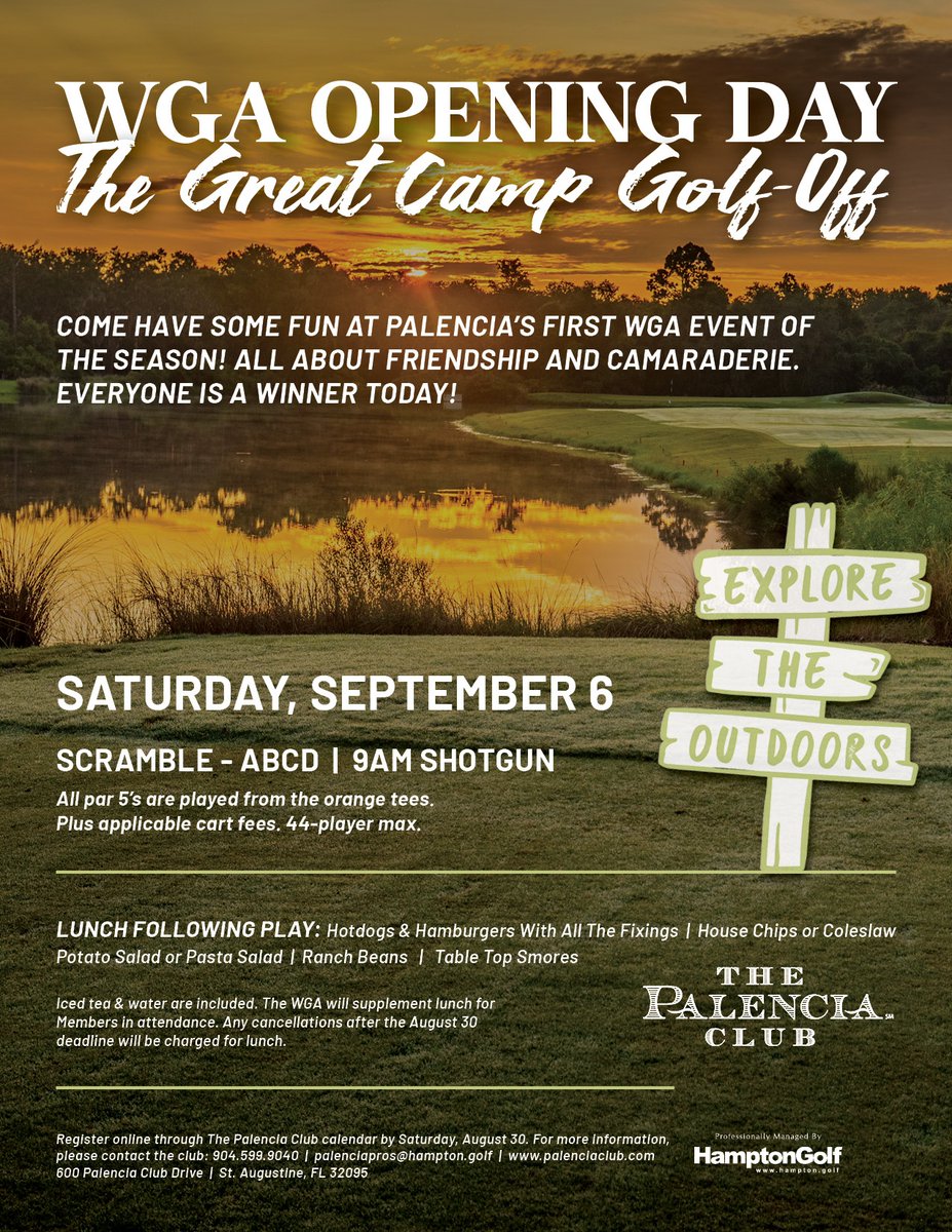 PalenciaClub's tweet photo. ⛳ Come have some fun at Palencia's first WGA event of the season! All about friendship and camaraderie. Everyone is a winner today!

Saturday, September 6 
Full Details 🔸https://t.co/pC6nsQMC0P

Register online through The Palencia Club calendar by August 30. https://t.co/X1M534f1BS