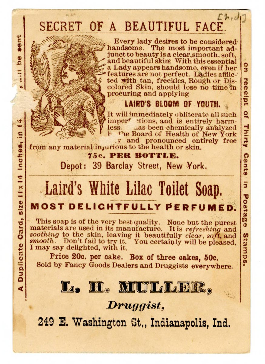 state_library's tweet image. This late-19th-century advertising card for Laird's Bloom of Youth claimed it could "obliterate" skin imperfections. In reality, the product contained toxins that caused health issues. From the State Library's Advertising Cards and Ephemera Collection. tinyurl.com/cw65wyzb
