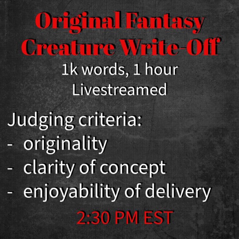 realmattfalcon's tweet image. Are original creatures hard to write? Why does everyone write creatures that’ve been done before?
LET’S FIND OUT!
Today at 2:30 EST @Lyons_Pen and myself will duel it out for 1 hour, writing a story that is _not boring_ with original creatures while livestreaming! Join us!
