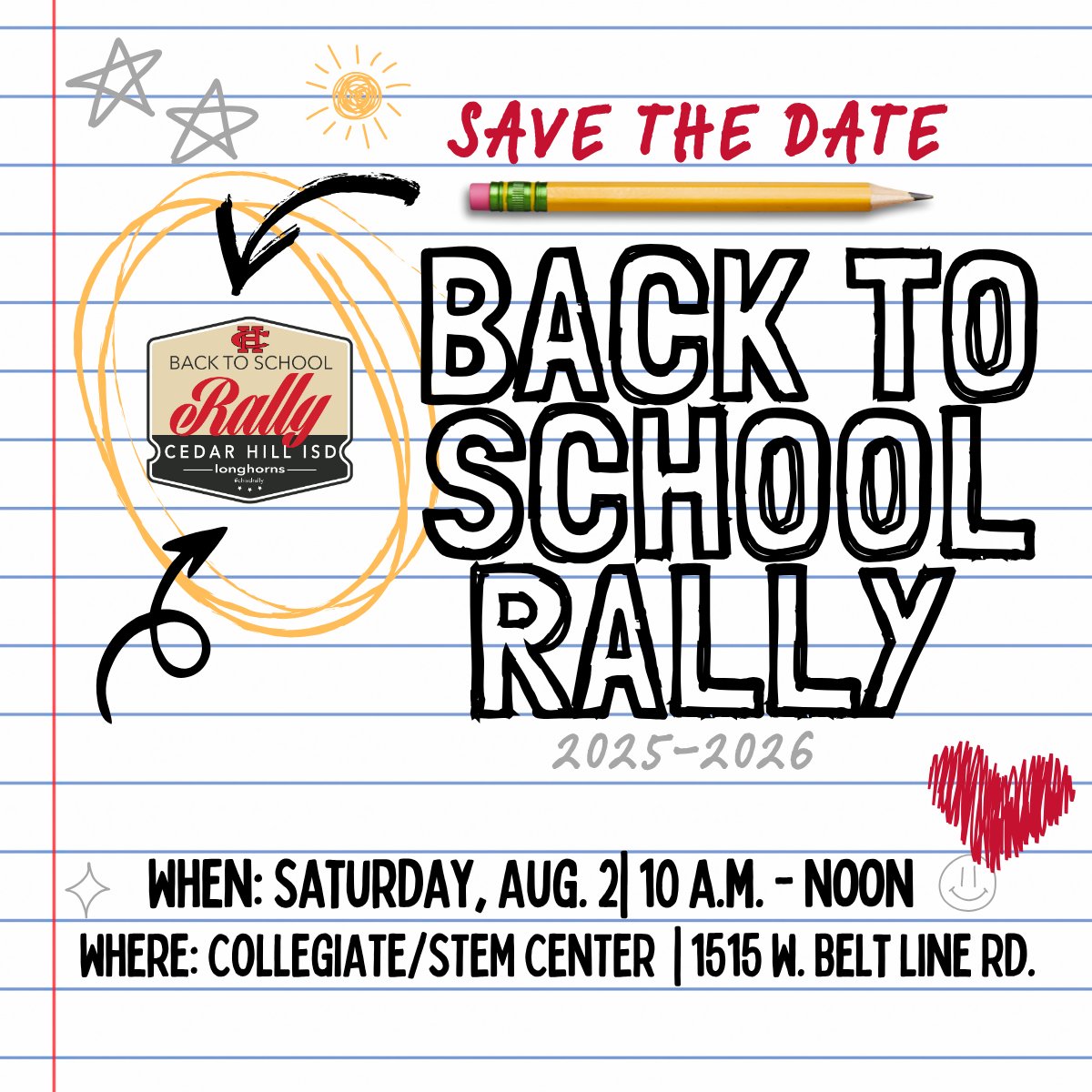 📚🎒 Don't miss Cedar Hill ISD’s Back to School Rally on Aug. 2 from 10 AM - 12 PM! Free backpacks, fun activities, vendors &amp; supplies for enrolled students. Academic enrollment required - limited quantities! Register today at chisd.net/enrollment! #CHISD #LonghornPride