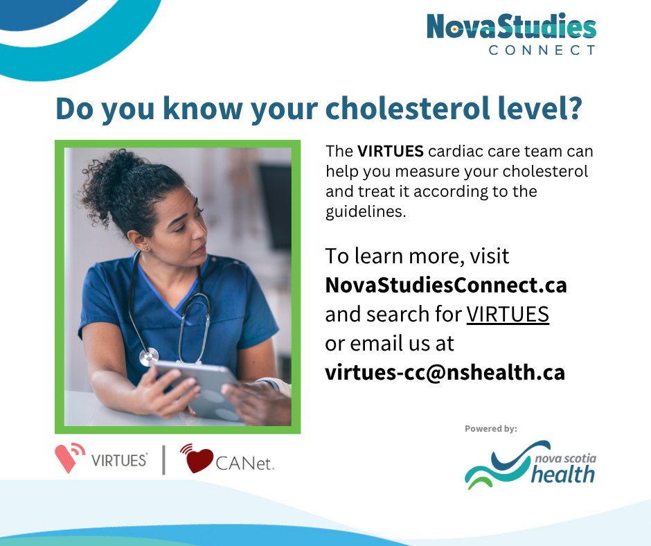 HealthNS's tweet image. Managing high cholesterol? The VIRTUES cardiac care team offers cholesterol testing and treatment options based on clinical guidelines - at no cost to you.
To learn more & sign up: novastudiesconnect.com/study-detail/N…
#HeartHealth #CholesterolCare #VIRTUES #HealthyCommunitiesforGenerations