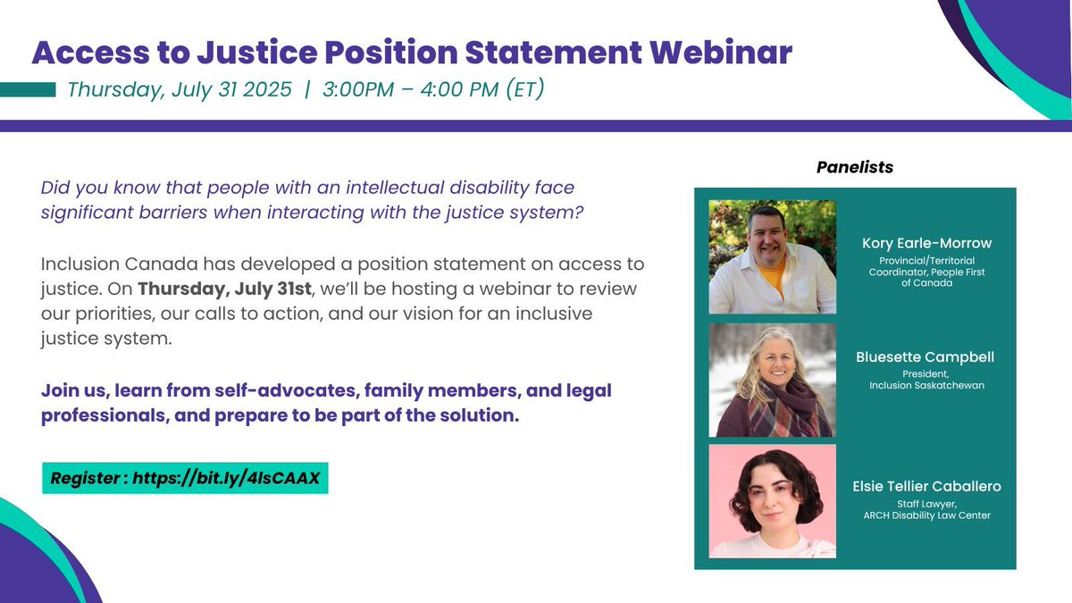 REMINDER: Join us on Thursday, July 31 from 3-4 PM EST for a breakdown of our position statement on our Access to Justice priority area! We will review our priorities, calls to action and vision for an inclusive justice system, featuring self-advocates, family members and legal