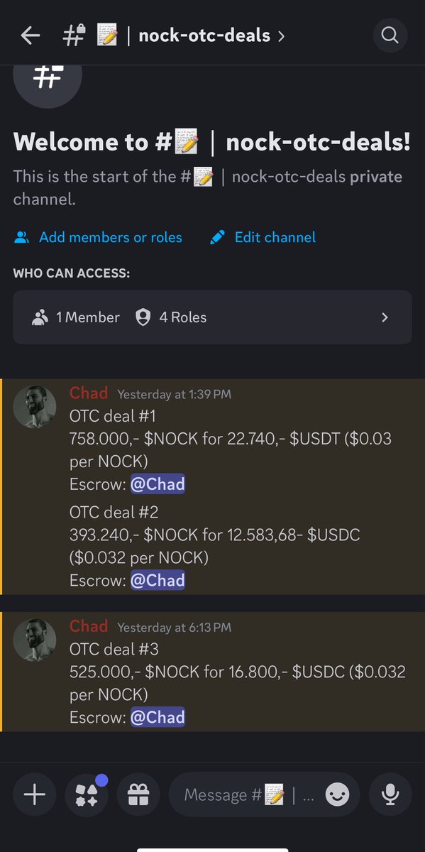 Chad_OTC_server's tweet image. 3 OTC trades for $NOCK already done this week.

Small server. Trusted fills.
All deals escrowed.

If you’re holding or hunting $NOCK, this is where it’s happening quietly.

Join the OTC desk:
discord.gg/chads-otc-serv…