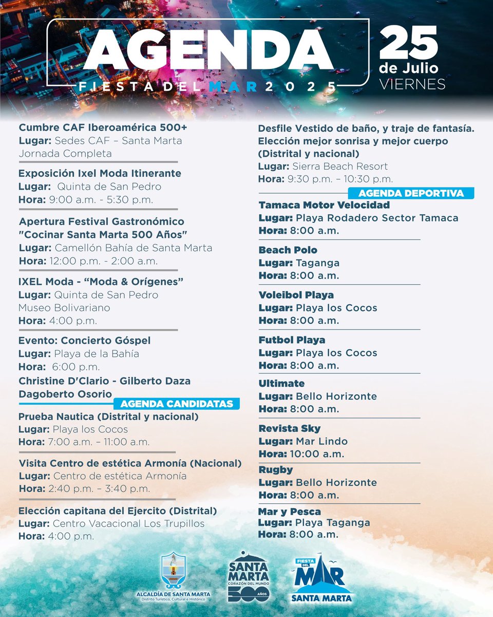 Mi gente, a las 6:00 p.m. los espero en la Playa de la Bahía para el concierto góspel con Christine D’Clario, Dagoberto Osorio y Gilberto Daza. Totalmente GRATIS, como todo lo que hemos preparado esta semana para ustedes.

Desde temprano hay polo en Taganga, vóley y fútbol en