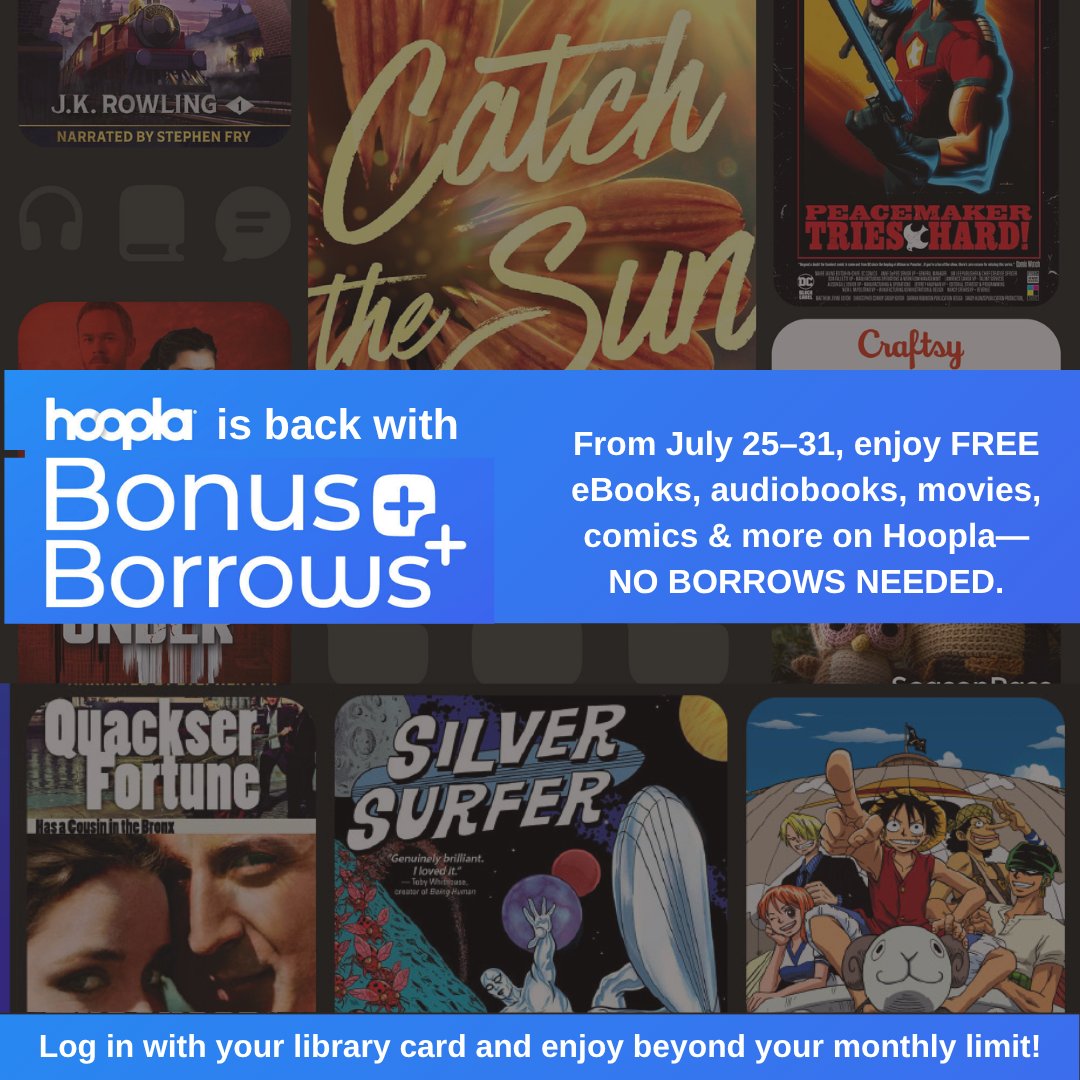 TrentonPubLib's tweet image. 🎉 Bonus Borrows are back!
From July 25–31, enjoy a BingePass available to patrons without using their Instant borrow! Explore new books, authors, movies and comics all for FREE with your library card!

#TFPL #Trentonfreepubliclibrary #trentonlibrary  #BonusBorrows #HooplaDigital