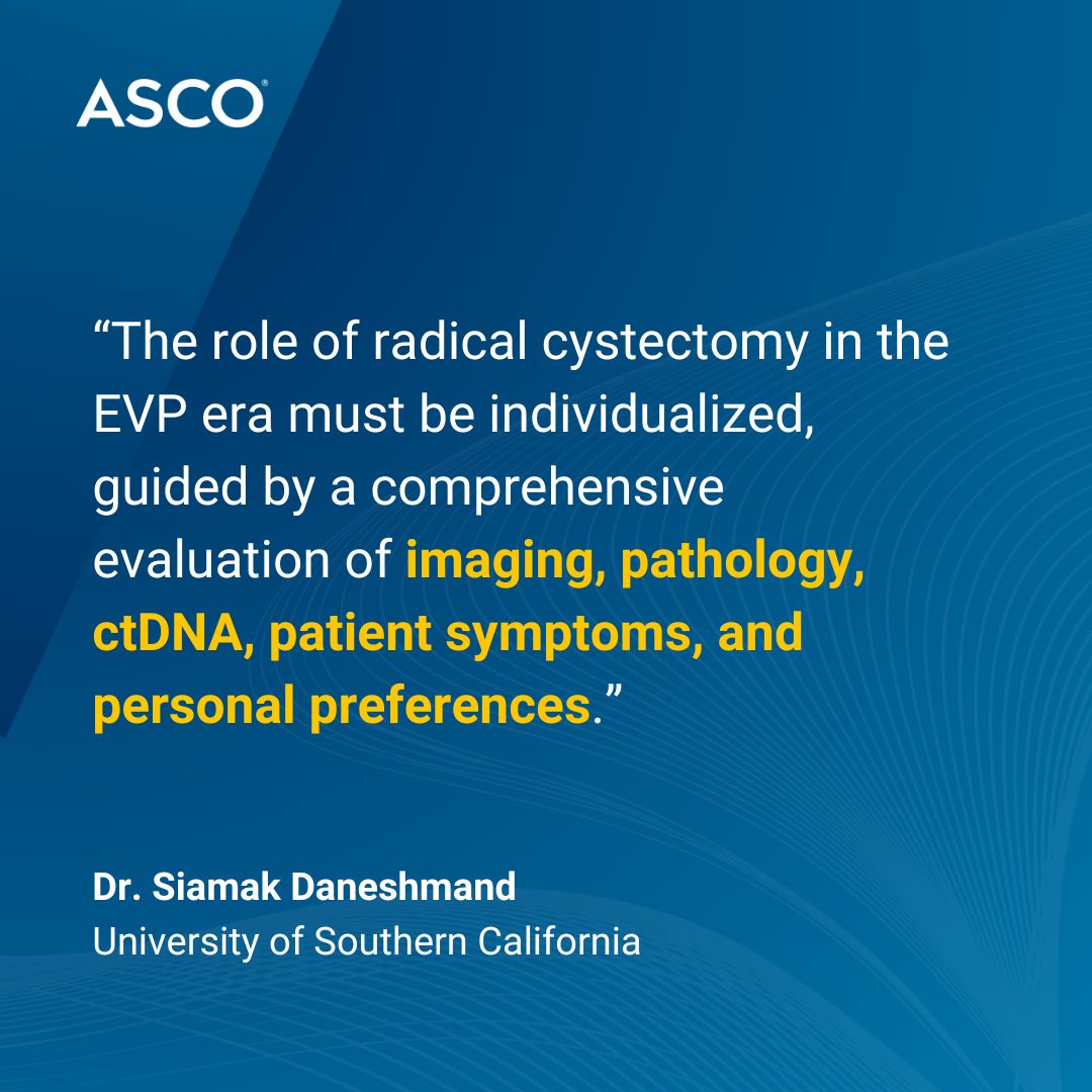 ASCO's tweet image. In the era of EV plus pembro, where does radical cystectomy fit into treatment plans for patients with urothelial carcinoma? @siadaneshmand provides a detailed overview for #ASCODailyNews: brnw.ch/21wUqpv