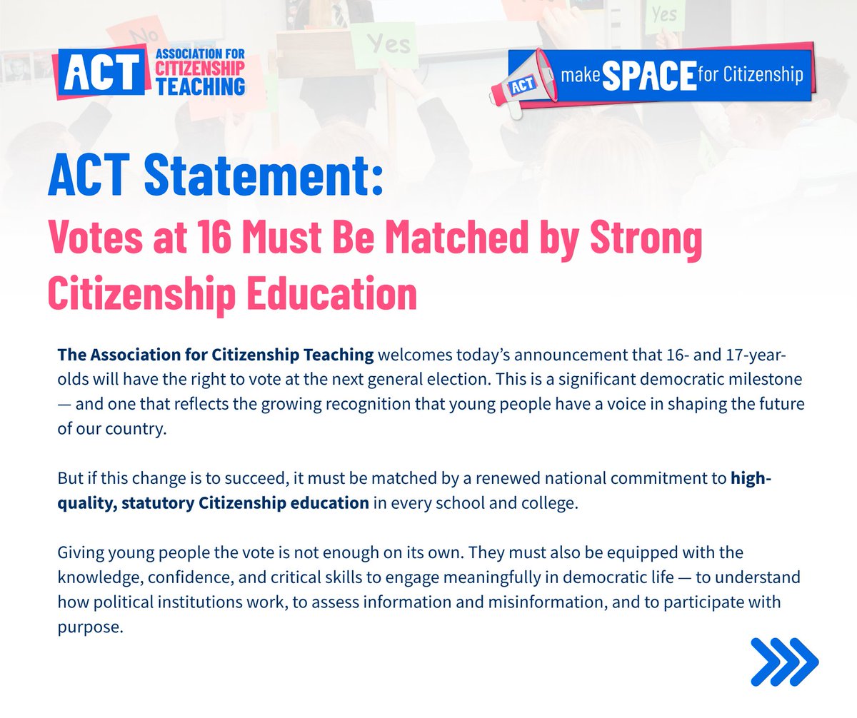 ACitizenshipT's tweet image. "Extending the vote must go hand-in-hand with strengthening the education that prepares young people to use it."" - @emoorse01 Read ACT's full statement on the announcement of Votes at 16: ow.ly/8fcZ50WsrWX