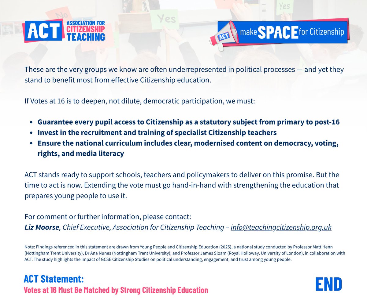 ACitizenshipT's tweet image. "Extending the vote must go hand-in-hand with strengthening the education that prepares young people to use it."" - @emoorse01 Read ACT's full statement on the announcement of Votes at 16: ow.ly/8fcZ50WsrWX