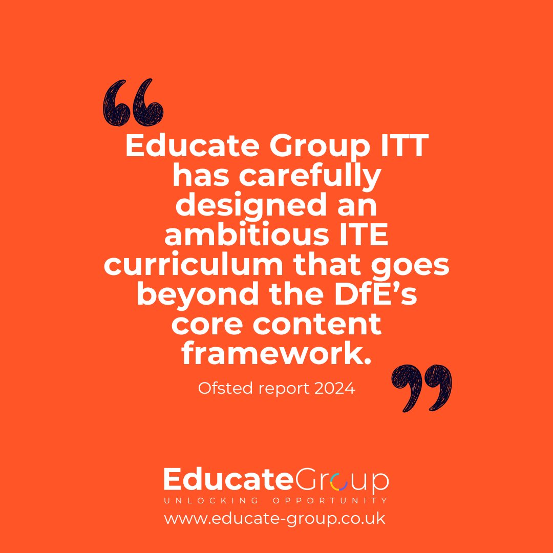 EducateGroup2's tweet image. Our ITE curriculum goes BEYOND the DfE’s Core Content Framework—and even Ofsted is agrees.

👉 Ready to make an impact as a teacher? Train with Educate Group ITT! 

#teachingtraining #traintoteach #getintoteaching #teach #educationjobs #schooljobs #educate