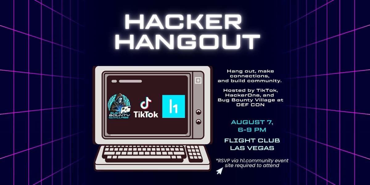 BugBountyDEFCON's tweet image. Get ready for the second annual Hacker Hangout, hosted by @TikTok_US, @Hacker0x01, and Bug Bounty Village at DEF CON — happening August 7, 2025, in Las Vegas.

Join us at Flight Club Las Vegas!

Register here: h1.community/e/mnr9g2/