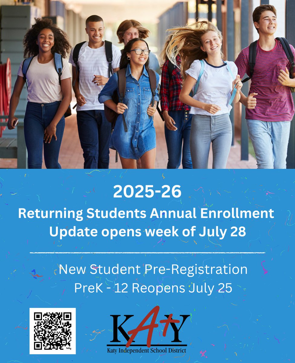 Annual enrollment for returning Katy ISD students opens the week of July 28 for the 2025–2026 school year.

Pre-registration for new students in grades pre-K through 12 reopens July 25.

For more information, visit: katyisd.org/registration/h…

#KatyISD