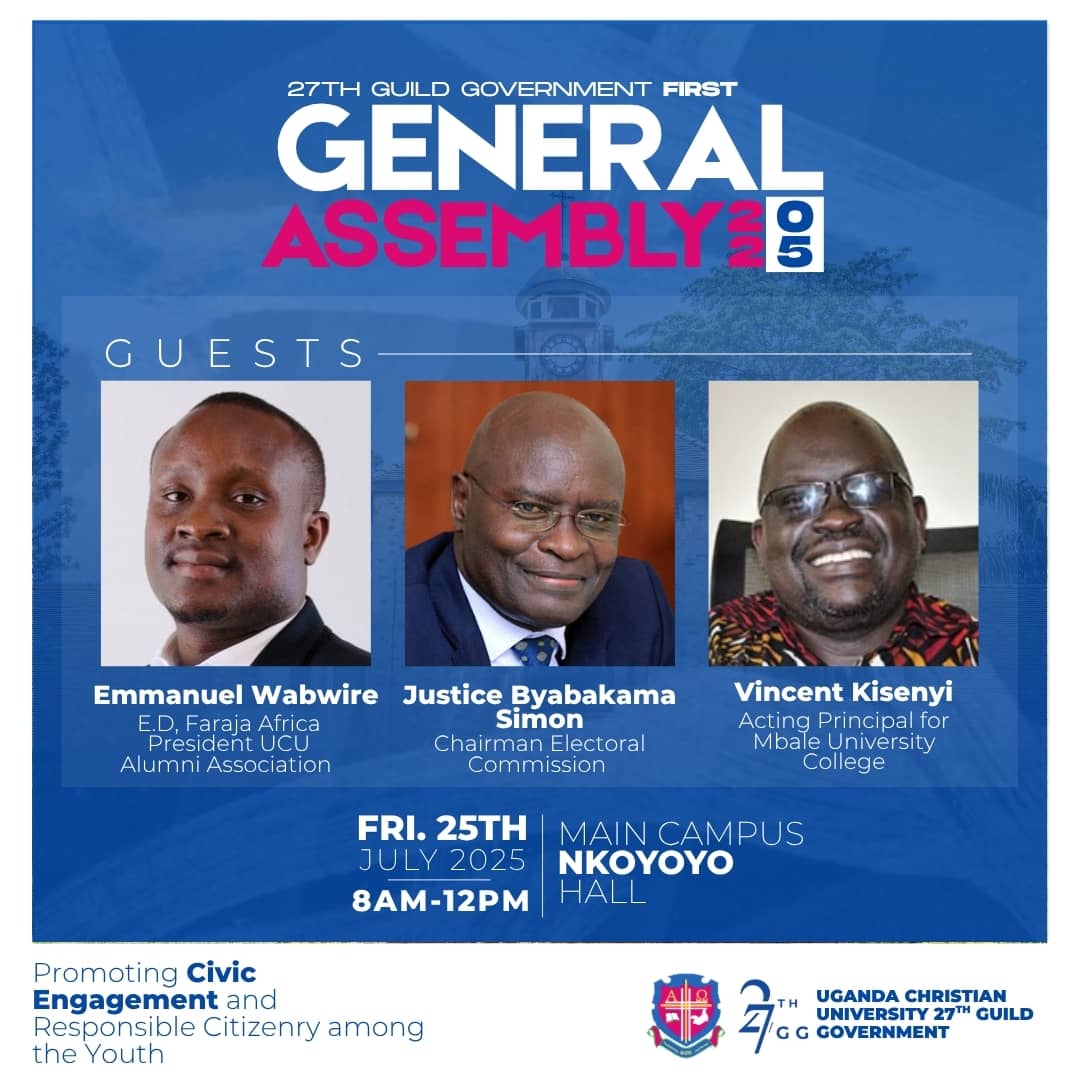 RuhinjaPeter's tweet image. Justice Simon Byabakama, Chairperson of the Electoral Commission, inspired students at UCU's 27th Guild Assembly to participate peacefully in the 2026 elections, promoting democratic engagement.
All this should be with purpose and optimism.@SByabakama
