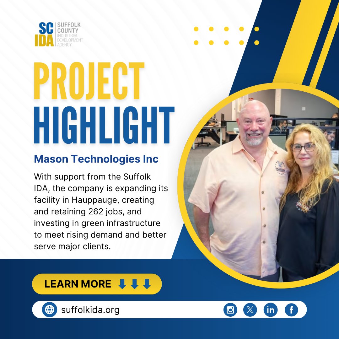 Mason Technologies is growing in Suffolk County! With support from the Suffolk IDA, they’re creating and retaining 262 jobs, expanding operations, and investing in green infrastructure. Read more at tinyurl.com/mr2h8zzd.
