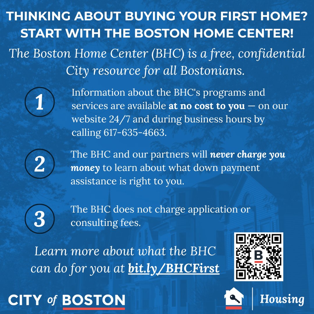 BostonNeighbor's tweet image. Thinking about buying your first home in Boston? The #BostonHomeCenter is here to help with trusted advice, free resources, homebuyer education, and down payment assistance, all backed by the @CityofBoston. Learn more: bit.ly/BHCFirst