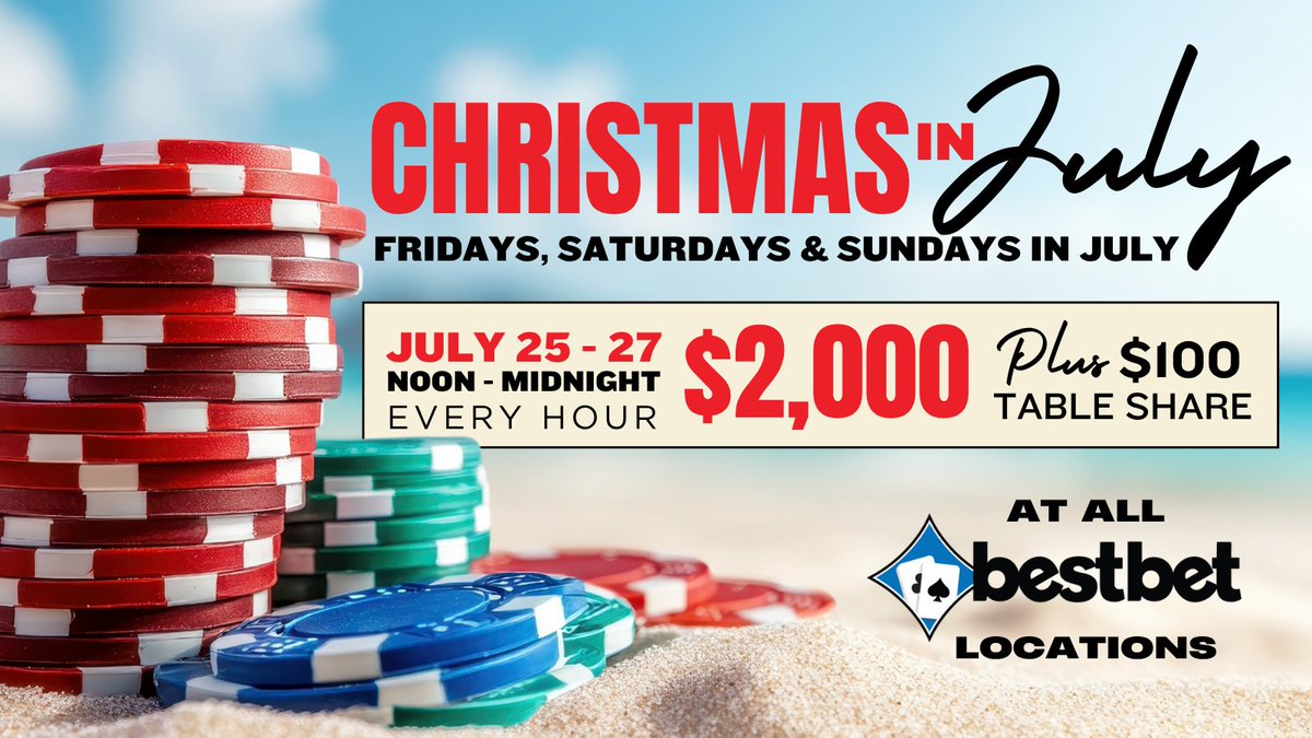 bestbet_jax's tweet image. Christmas in July FINAL WEEKEND begins at bestbet TODAY!🎅🌴
💰$2,000 High Hands every hour, from noon to midnight, PLUS $100 Table Share! At all bestbet locations.
#bestbet #JAX #OP #STA #christmasinjuly #highhands #pokerlife