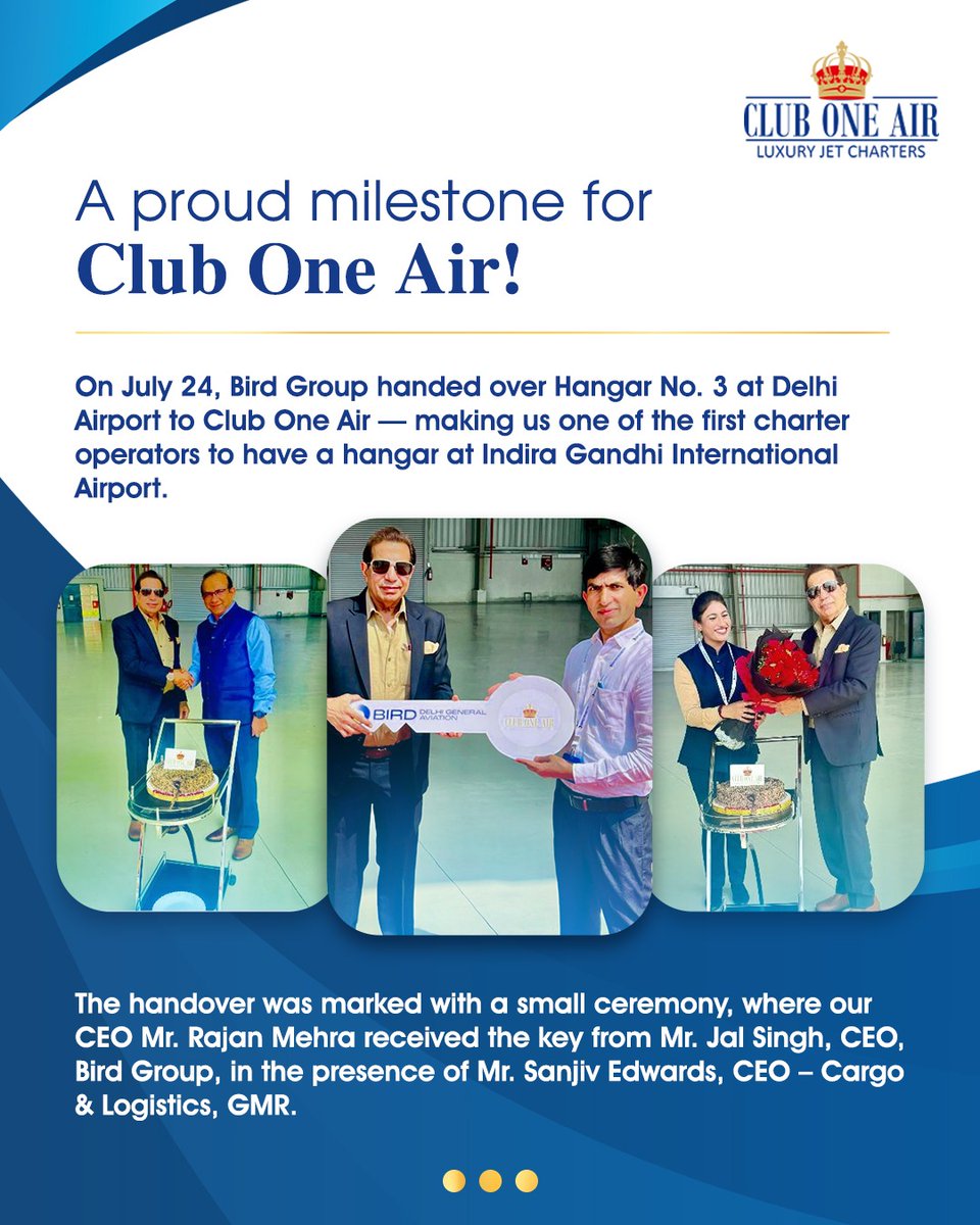 ClubOneAir1's tweet image. We’re proud to be among the first charter operators to have a hangar at Delhi’s Indira Gandhi International Airport.

#ClubOneAir #AviationMilestone #PrivateJetIndia #LuxuryJetCharter #IGIA #BirdGroup #GMR #NewHeights