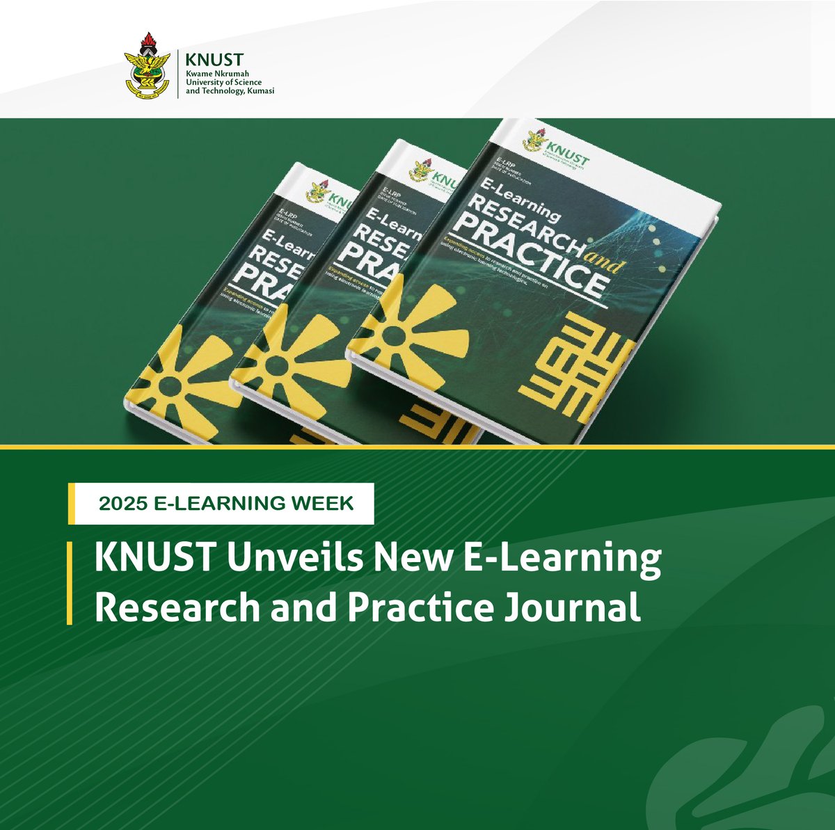 KNUSTGH's tweet image. The Kwame Nkrumah University of Science and Technology (KNUST), Kumasi through its E-Learning Centre, has officially launched the E-Learning Research and Practice (E-LRP) Journal.
Learn more here⬇️
knust.edu.gh/news/news-item…